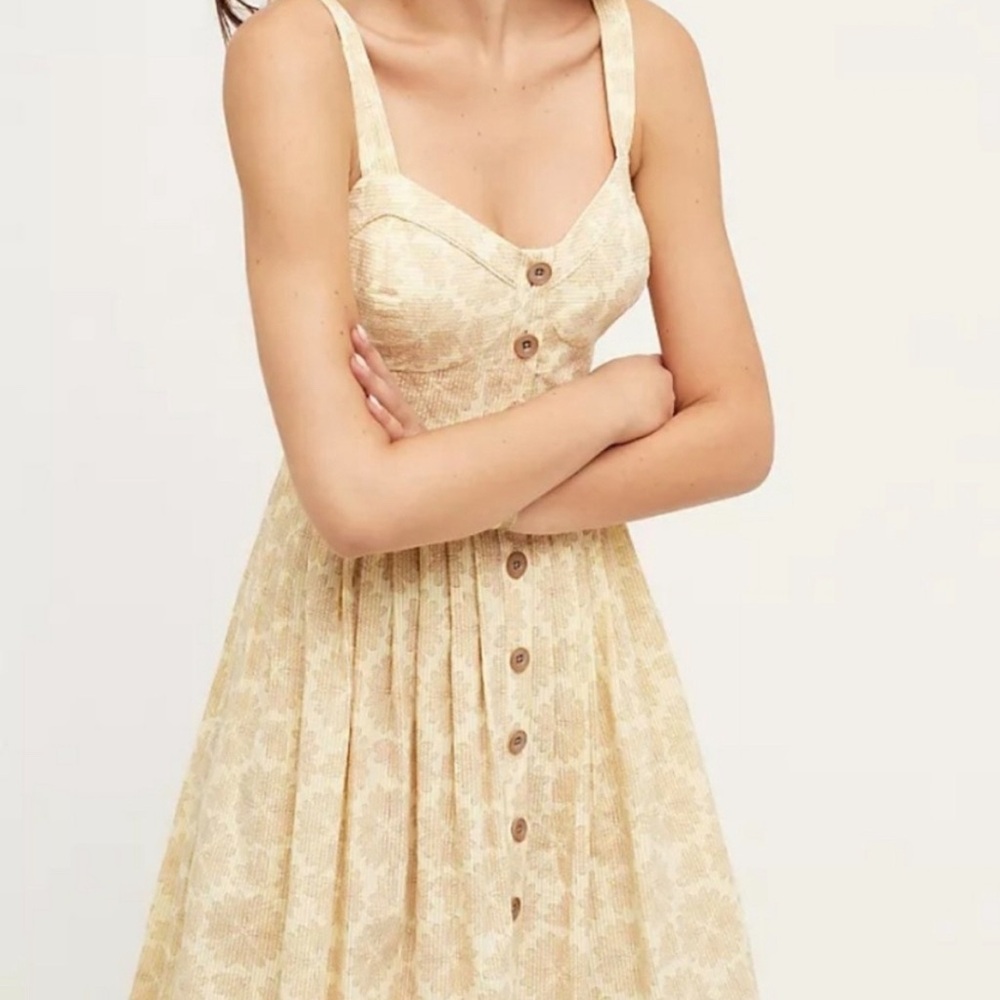 Anthropologie Maeve Cafe Dress Dragonfly Yellow Retro Button Searsucker Sz 4